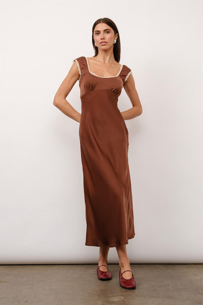 Valentina Tie Back Maxi Dress In Brown Satin