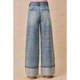 MID RISE PLATED WID LEG DENIM JEAN PANTS