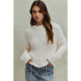 FUZZY PLUSH DIMENSIONAL CREW NECK SWEATER KNIT TOP