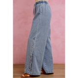 SIDE BUTTONS PULL ON WIDE LEG DENIM JEANS PANTS