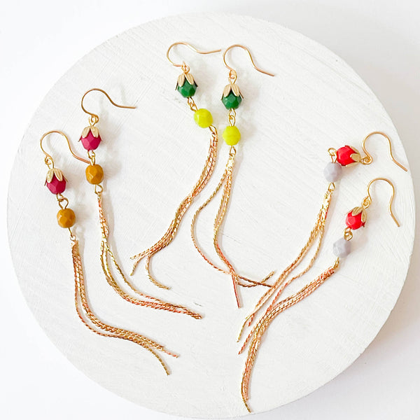 Long glass Bead and Gold Tassel Earrings