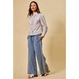LACE TRIM ELASTIC WAIST MID RISE WIDE DENIM PANTS