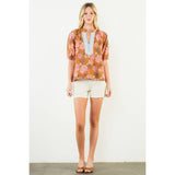 Short Sleeve Floral Pattern V-Neck Top