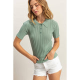 Rib Knitted Short Sleeve Polo Top