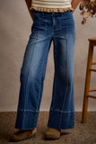 MID RISE FLARE PIN TUCK  BOTTOM DENIM JEANS WITH FRONT PATCH