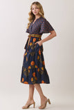CD07350-Floral Print Tiered Midi Dress with Waist Tie