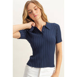 Rib Knitted Short Sleeve Polo Top