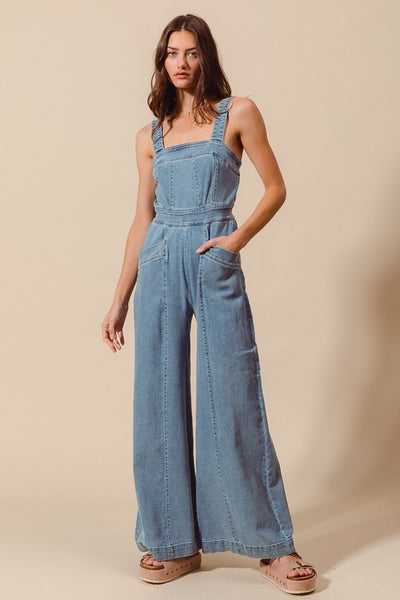 Wide Leg Bootcut Denim Jumpsuit With Back Zipper