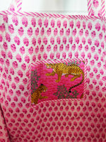 Cotton Quilted Block Print Tote Bag - Pink Jaguars Leopards