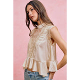 SATIN MOCK NECK LACE TRIM PEPLUM BLOUSE TOP