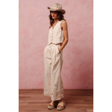 FLORAL EYELET EMBROIDERED WIDE LEG PANTS