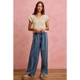 MID RISE RUFFLED FRONT ELASTIC WIDE LEG DENIM PANT