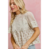 FLORAL PRINT LACE TRIM COTTON BLOUSE TOP