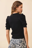 CT9483-Edge Ribbed Trims Puffed Sleeves Knit Top