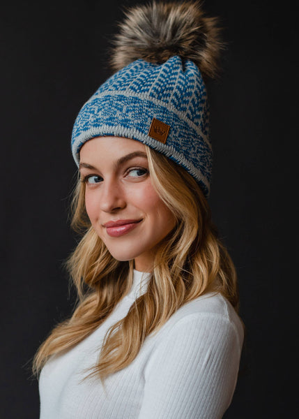 Blue & Lt. Gray Patterned Pom Hat