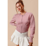 ZIP UP FRONT SWEATER CROP JACKET WITH RIBBED HEM