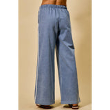 LACE TRIM ELASTIC WAIST MID RISE WIDE DENIM PANTS