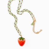 Kids Strawberry Charm Necklace with Green Beads