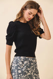 CT9483-Edge Ribbed Trims Puffed Sleeves Knit Top