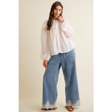 LACE TRIM WIDE LEG ELASTIC MID RISE DENIM PANTS