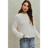 FUZZY PLUSH DIMENSIONAL CREW NECK SWEATER KNIT TOP