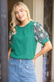 36723 Floral Embroidered Lace Puff Sleeve Solid Textured Top
