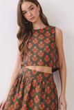 CT10155-Floral Print Back Button Down Crop Top + Maxi Skirt