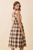 CD06194-Brown Checkered V Neck Ruched Bodice Midi Dress