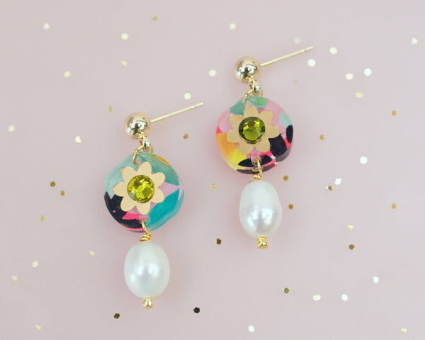 Handpainted Pearl Drop Rhinestone Earrings