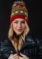 Red, Green & White Christmas Pattern Pom Hat