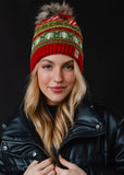 Red, Green & White Christmas Pattern Pom Hat