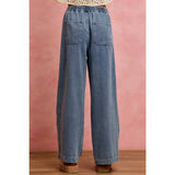 MID RISE RUFFLED FRONT ELASTIC WIDE LEG DENIM PANT