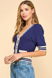 CW2568-Short Sleeve Scalloped Neckline Knit Cardigan