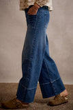 MID RISE FLARE PIN TUCK  BOTTOM DENIM JEANS WITH FRONT PATCH