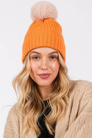 Two Tone Color Pom Pom Beanie Winter Hat