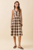 CD06194-Brown Checkered V Neck Ruched Bodice Midi Dress