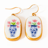 Ceramic Floral Vase Earrings Gold Plated Blue White