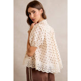 POLKA DOT COTTON LACE TRIM SHORT SLEEVES BLOUSE TOP