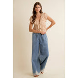 LACE TRIM WIDE LEG ELASTIC MID RISE DENIM PANTS