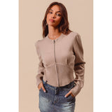 ZIP UP FRONT SWEATER CROP JACKET WITH RIBBED HEM
