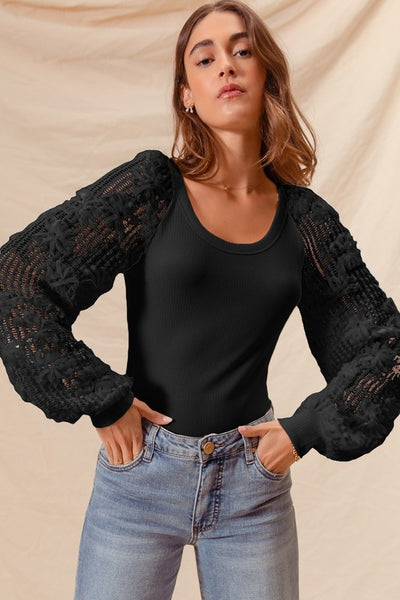 Rib Knit Top With Lace Balloon Sleeves