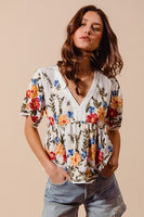 Floral Embroidered Baby Doll Blouse Top