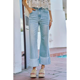 MID RISE DENIM FRAYED ROLL UP HEM WIDE LEG JEANS
