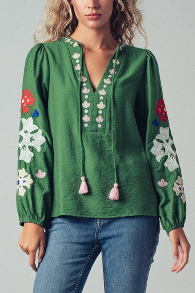 Embroidered Tassel Tie Boho Blouse