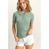 Rib Knitted Short Sleeve Polo Top