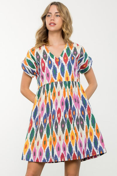 Short Sleeve Multi Color Pattern Dress