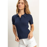 Rib Knitted Short Sleeve Polo Top