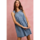 DENIM RUCHED SLEEVELESS DRESS