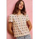 POLK-A-DOT KNIT LACE TRIM ON NECKLINE SHORT TOP