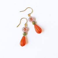 Flower and long Oval bead Earrings, Fall Winter Jewelry